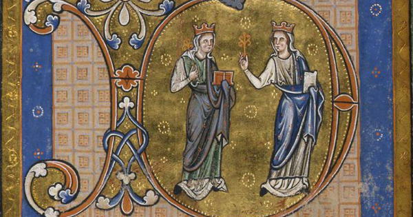 Section of English Psalter England (c.1220-c.1225) with two female personifications Mercy and Truth (source: Fitzwilliam Museum)